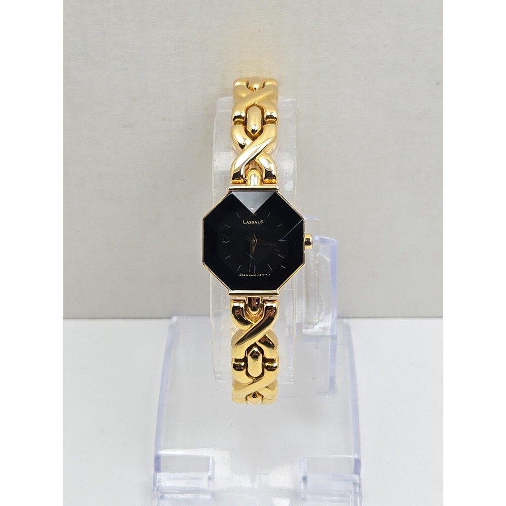 Vintage Lassale Seiko Womens Gold Tone Faceted Octagon Black Watch New Battery